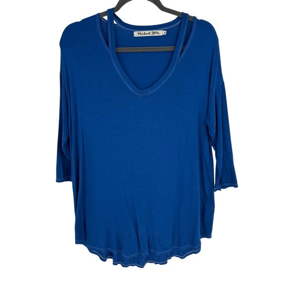 Michael Stars Blue Relaxed Blouse V-Neck 3/4 Sleeves Casual Stretch Comfort OS - Picture 1 of 8